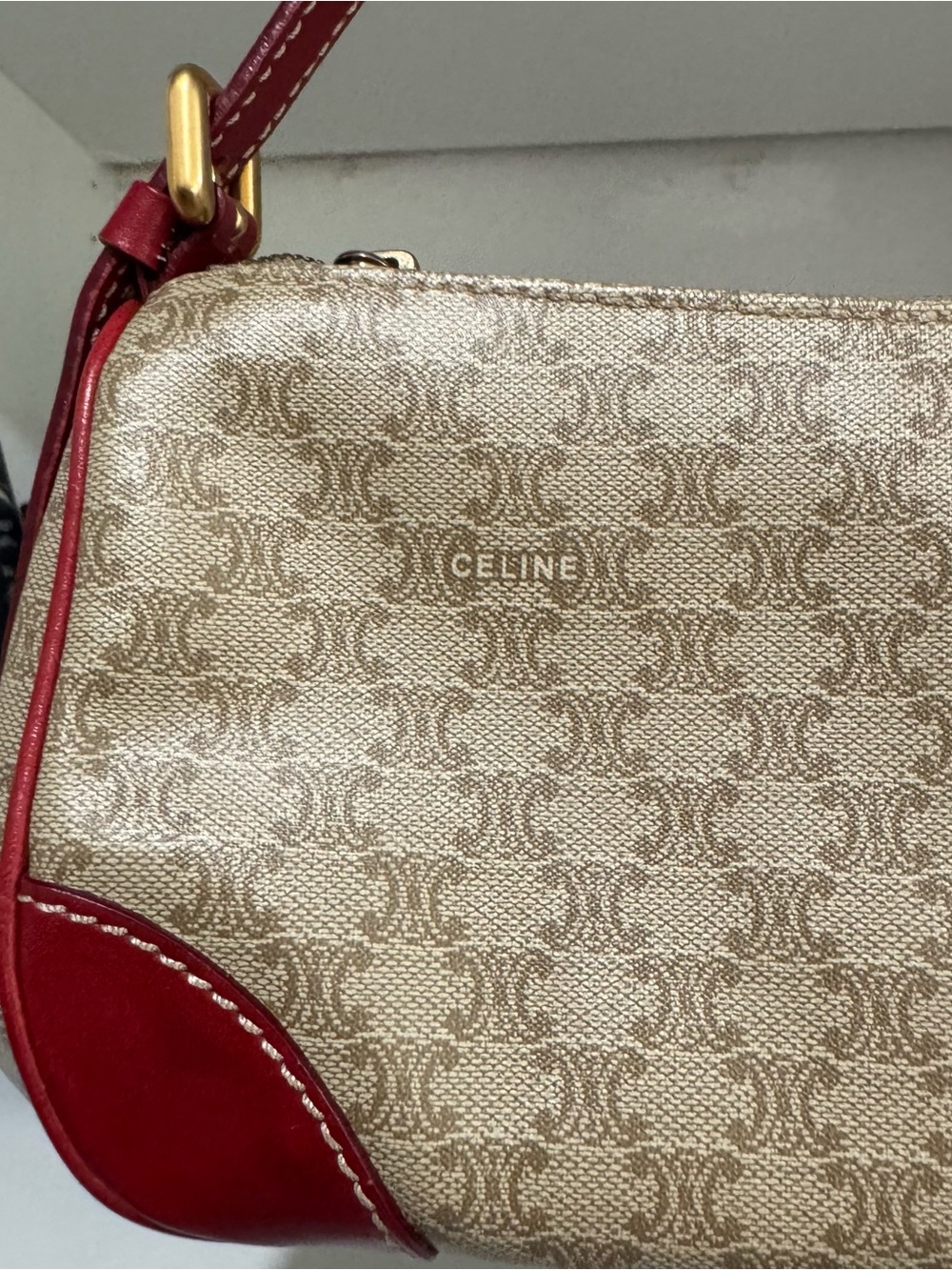 Celine Beige Monogram Canvas Shoulder Bag with Red Trim - Picture 6 of 10